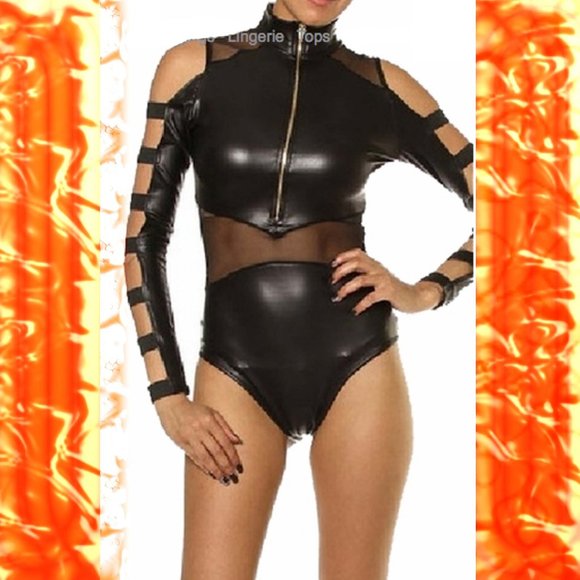 NEW size M Black Stretchy Bodysuit w/Strappy Sleeves - Picture 1 of 15